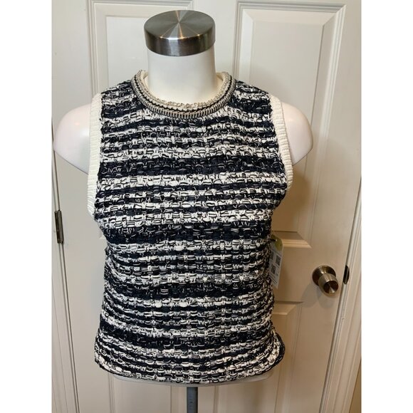 Alice + Olivia Black & White Tweed Knit Sleeveless Top W/ Chain Trim, Size M NWT - Picture 2 of 6